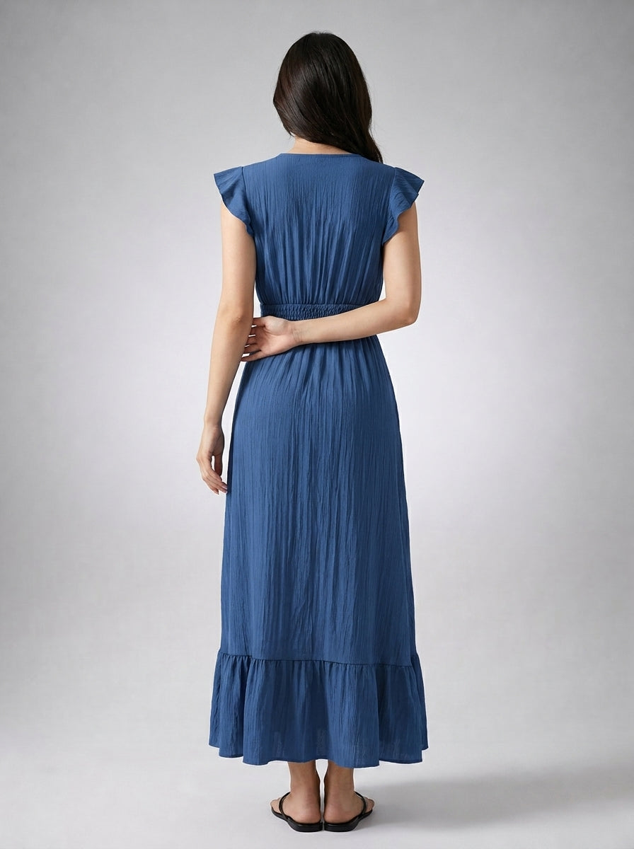 Aurore V Neck Ruffle Cap Sleeve Tiered Midi Dress in Blue