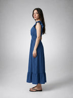 Aurore V Neck Ruffle Cap Sleeve Tiered Midi Dress in Blue