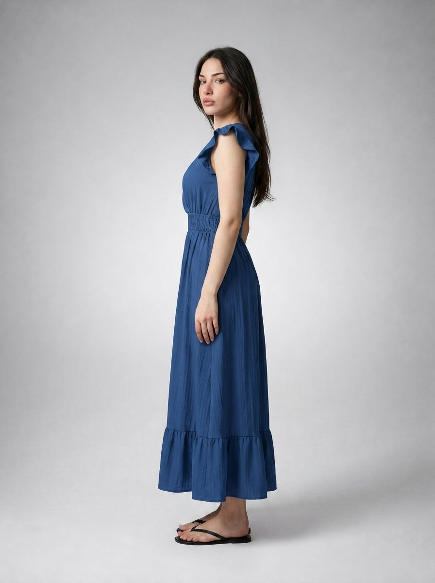 Aurore V Neck Ruffle Cap Sleeve Tiered Midi Dress in Blue