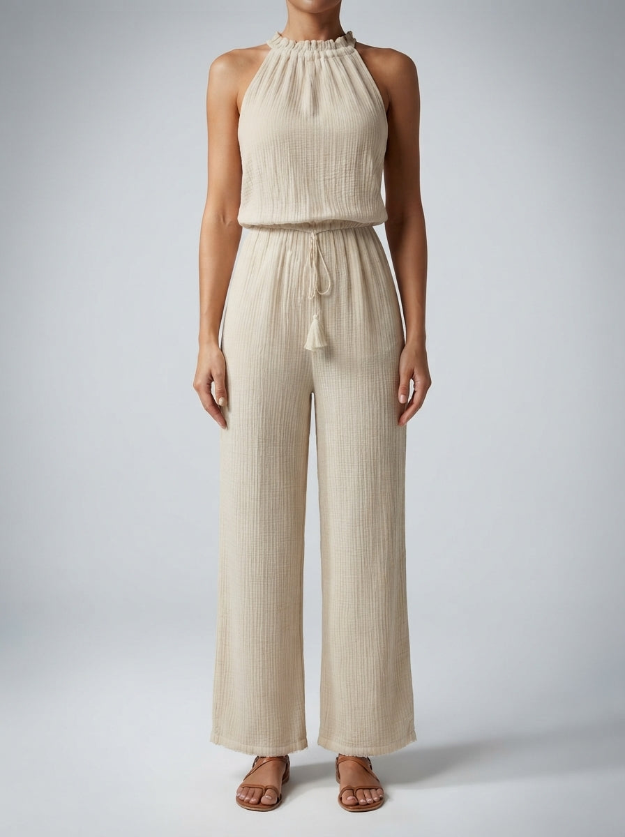 Elodie Halter Neck Wide Leg Jumpsuit in Cream