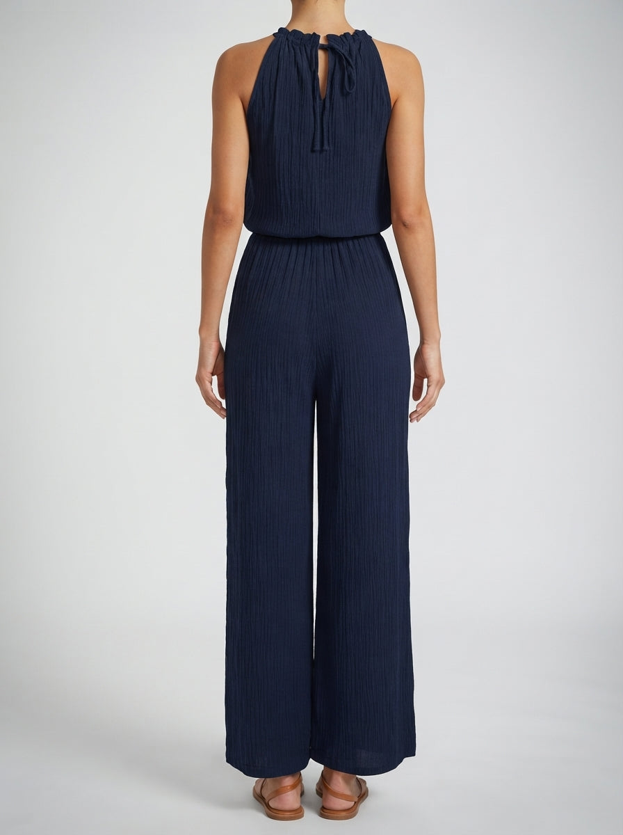 Elodie Halter Neck Wide Leg Jumpsuit in Navy