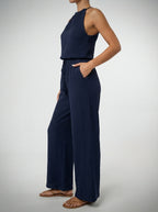 Elodie Halter Neck Wide Leg Jumpsuit in Navy