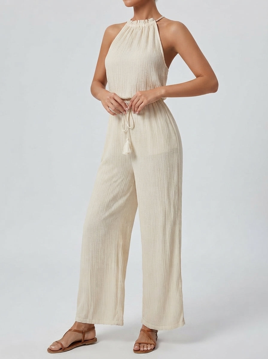 Elodie Halter Neck Wide Leg Jumpsuit in Cream