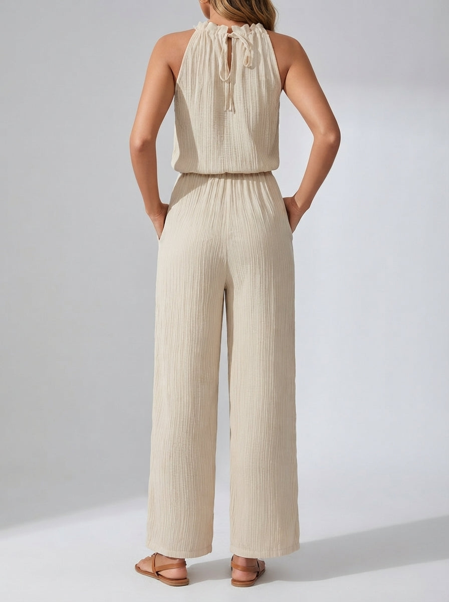 Elodie Halter Neck Wide Leg Jumpsuit in Cream