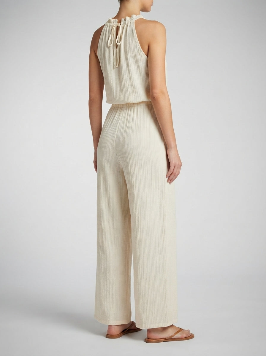Elodie Halter Neck Wide Leg Jumpsuit in Cream