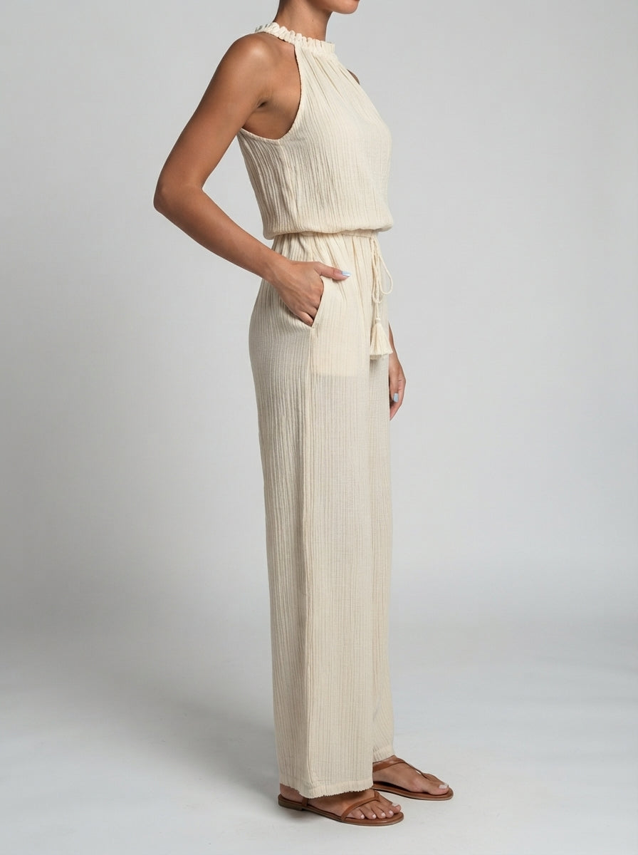 Elodie Halter Neck Wide Leg Jumpsuit in Cream
