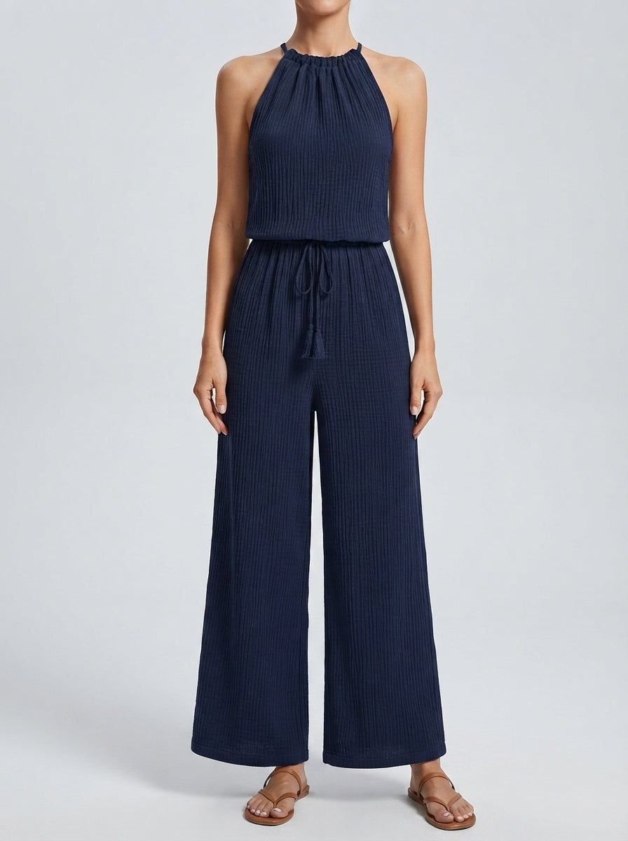 Elodie Halter Neck Wide Leg Jumpsuit in Navy