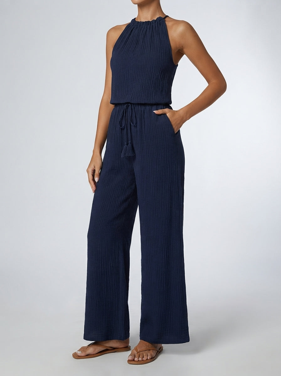Elodie Halter Neck Wide Leg Jumpsuit in Navy