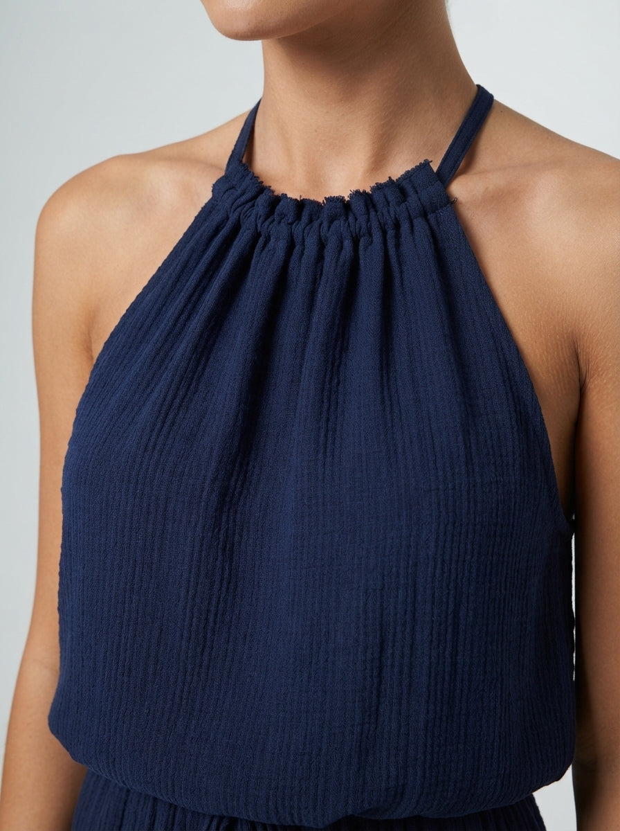 Elodie Halter Neck Wide Leg Jumpsuit in Navy