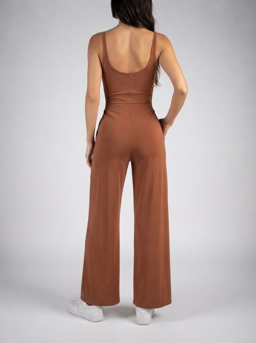 Beatrix Square Neck Wide Leg Jumpsuit with Pockets in Brown