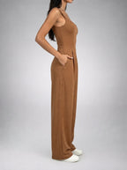 Beatrix Square Neck Wide Leg Jumpsuit with Pockets in Brown