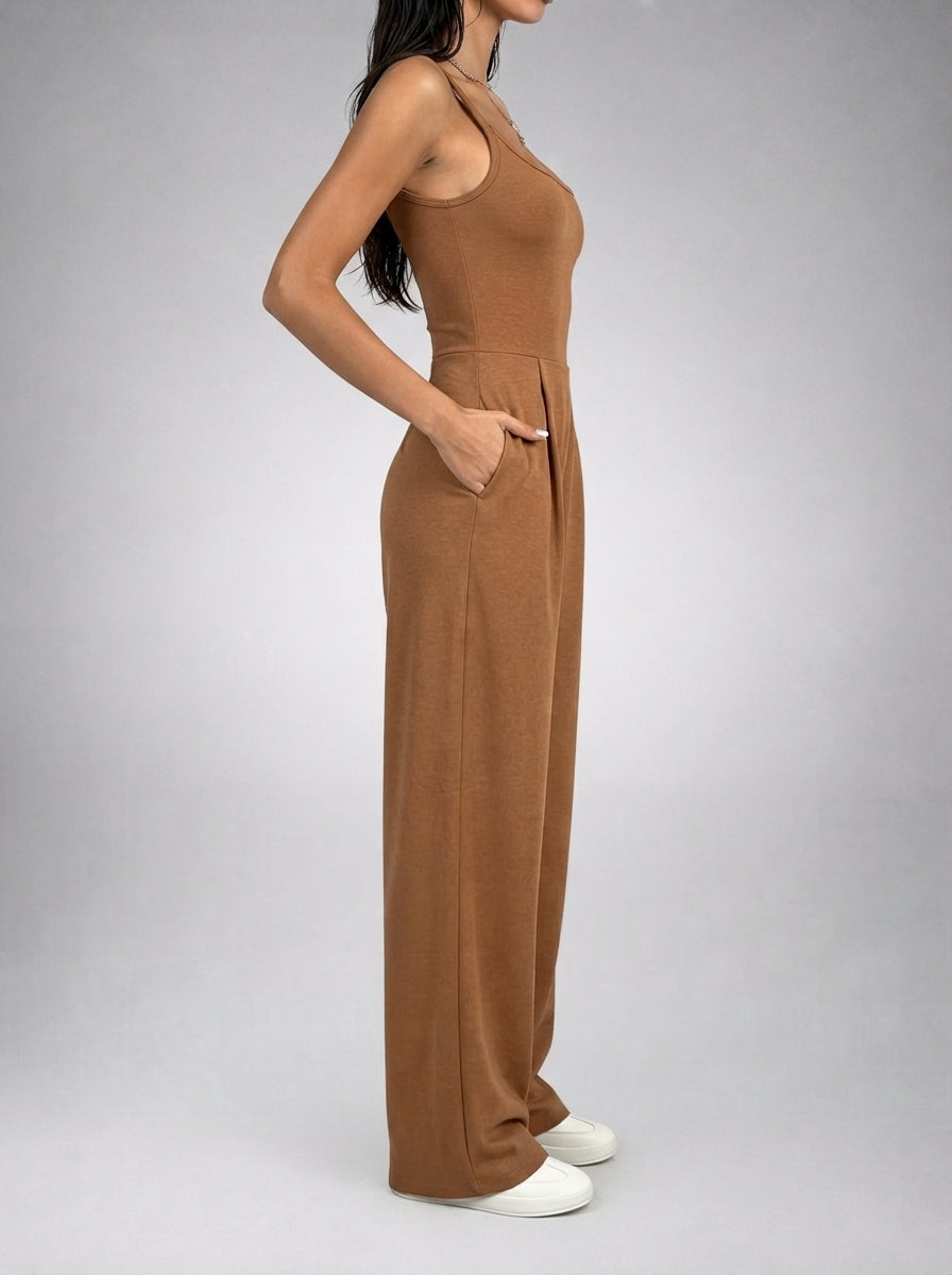 Beatrix Square Neck Wide Leg Jumpsuit with Pockets in Brown