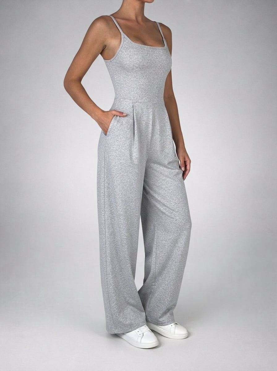 Beatrix Square Neck Wide Leg Jumpsuit with Pockets in Gray