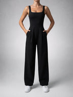 Beatrix Square Neck Wide Leg Jumpsuit with Pockets in Black