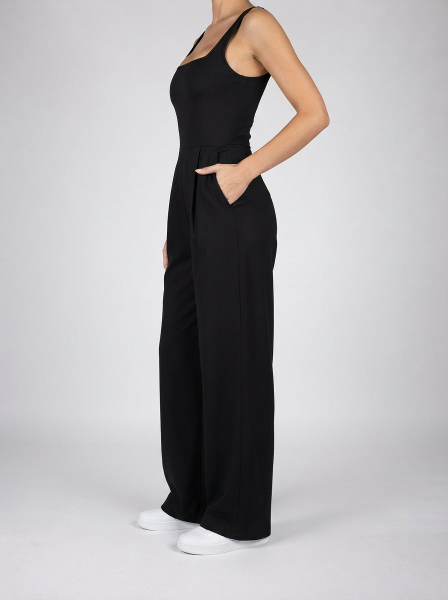 Beatrix Square Neck Wide Leg Jumpsuit with Pockets in Black