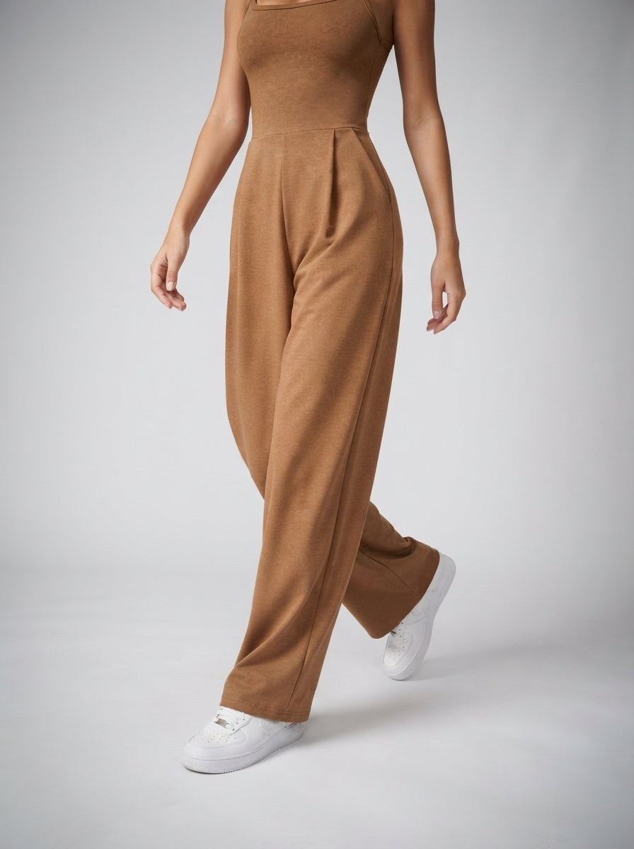 Beatrix Square Neck Wide Leg Jumpsuit with Pockets in Brown