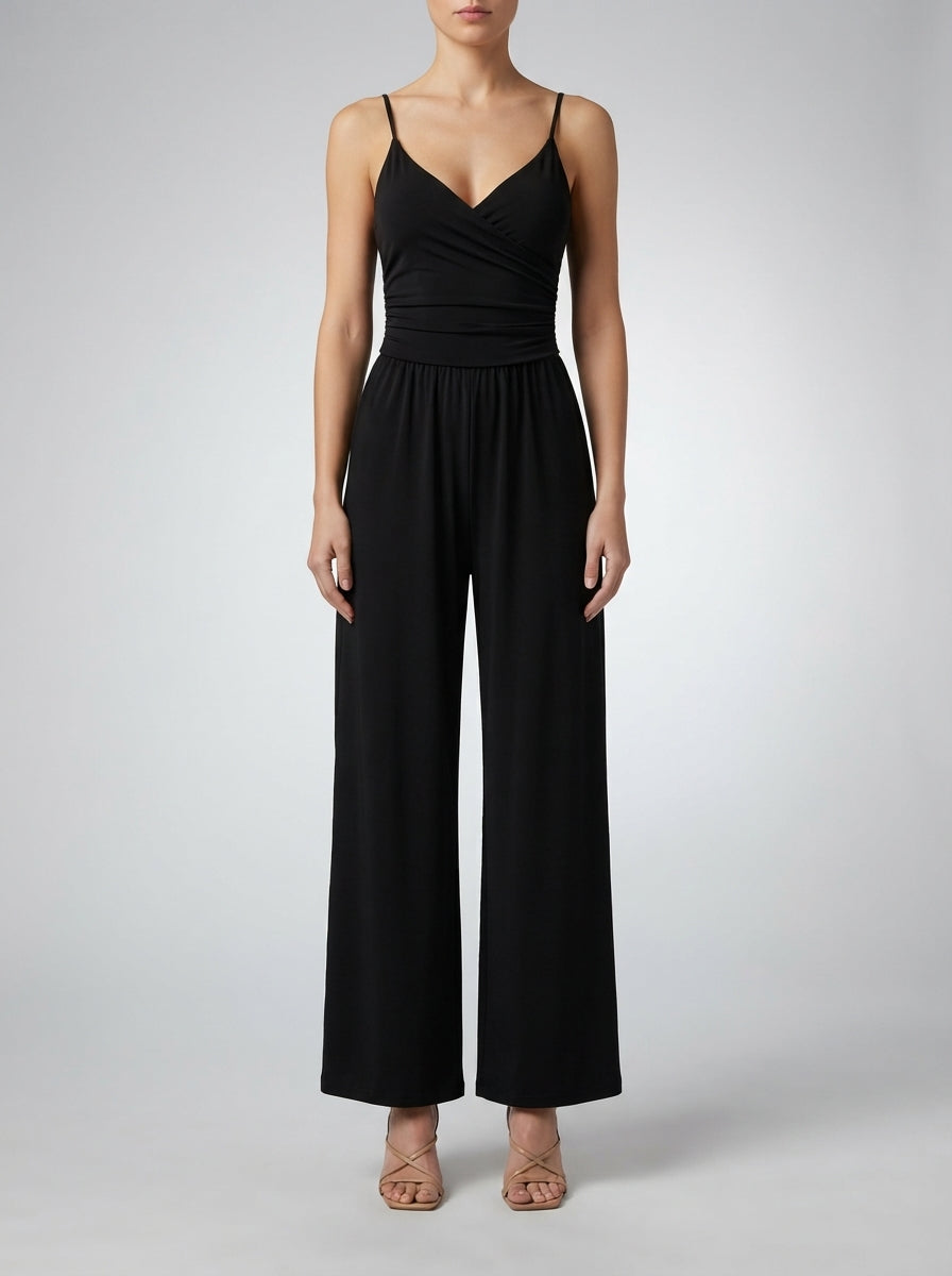 Amandine Wrap V-Neck Wide Leg Jumpsuit in Black