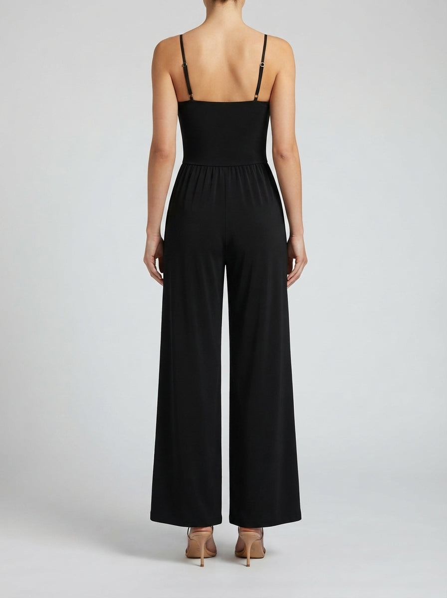 Amandine Wrap V-Neck Wide Leg Jumpsuit in Black