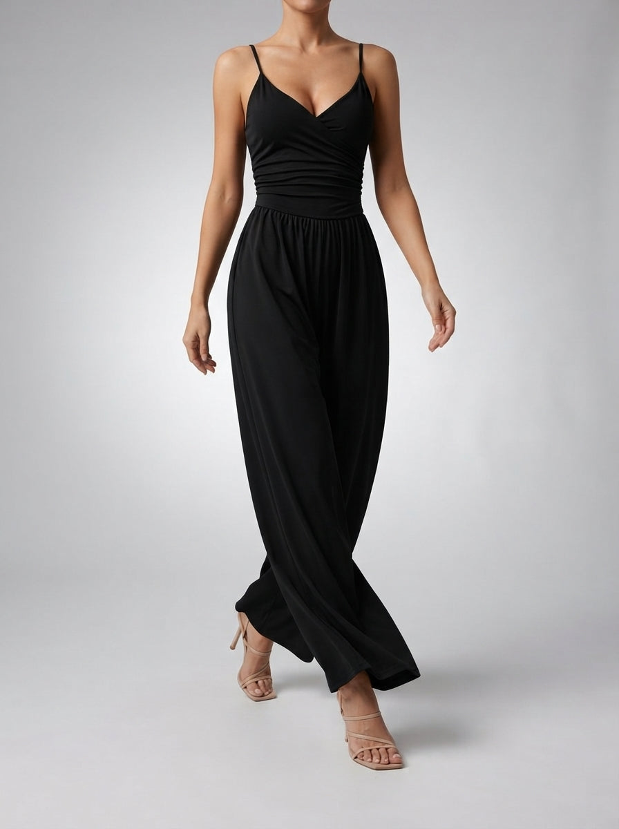 Amandine Wrap V-Neck Wide Leg Jumpsuit in Black