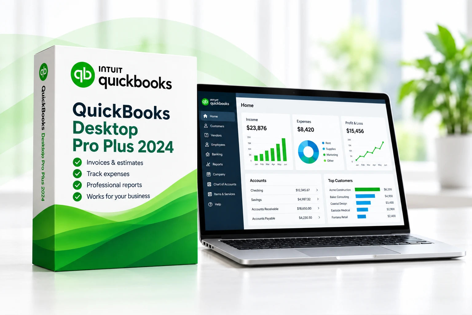 QuickBooks Desktop Pro Plus 2024 box beside a laptop displaying the accounting dashboard