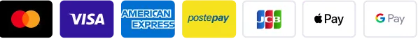 Payment network logos: Mastercard, Visa, American Express, Postepay, JCB, Apple Pay and Google Pay