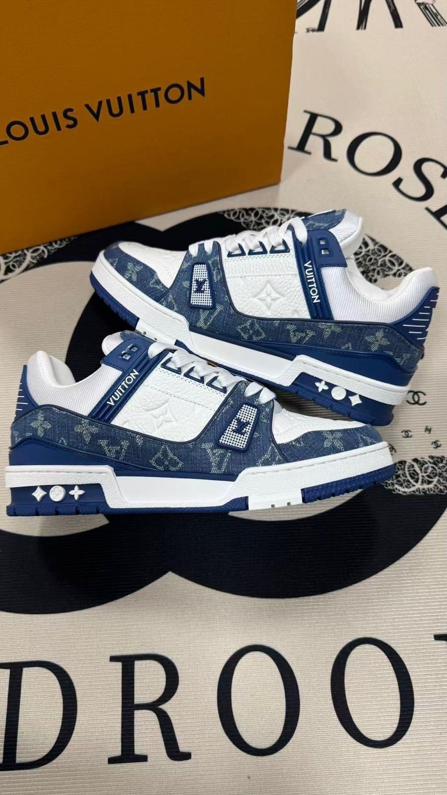 Trainer Sneakers – Blue Denim Monogram & White Low-Top Lace-Up Shoes — product image