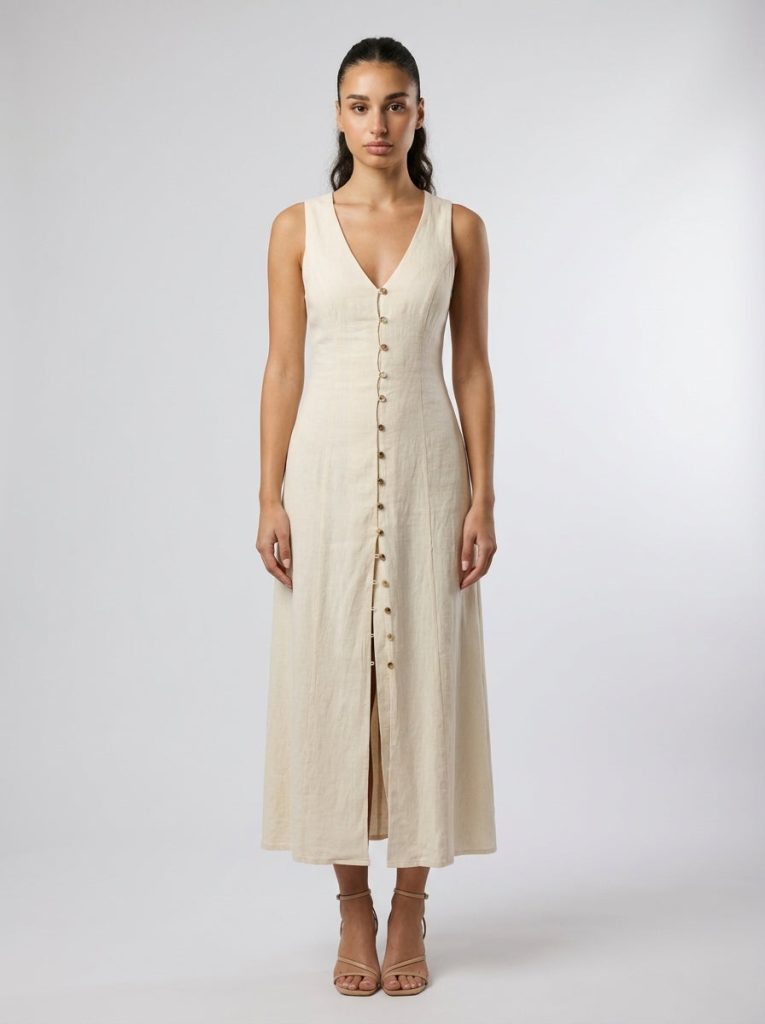 Adeline Linen V Neck Button Front Maxi Dress in Cream