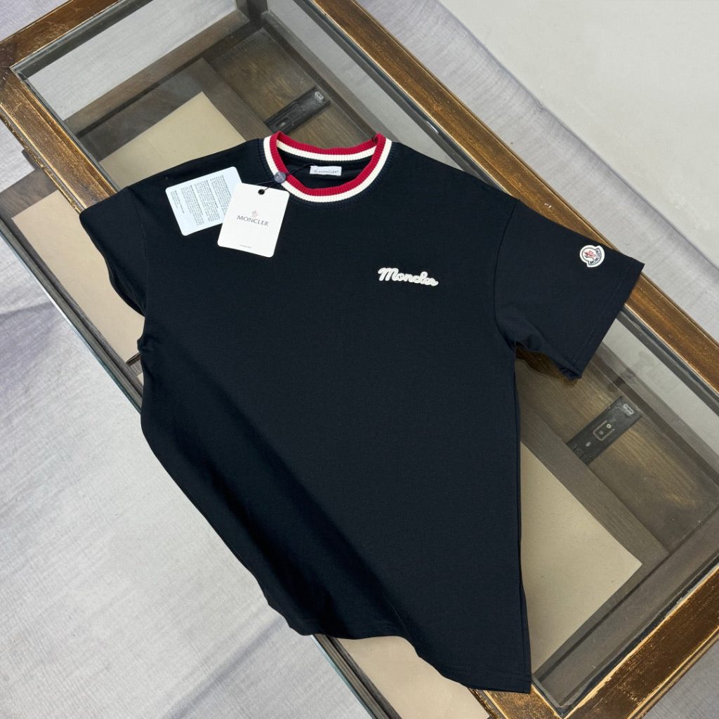 Striped Collar Script T-Shirt in navy, red and white