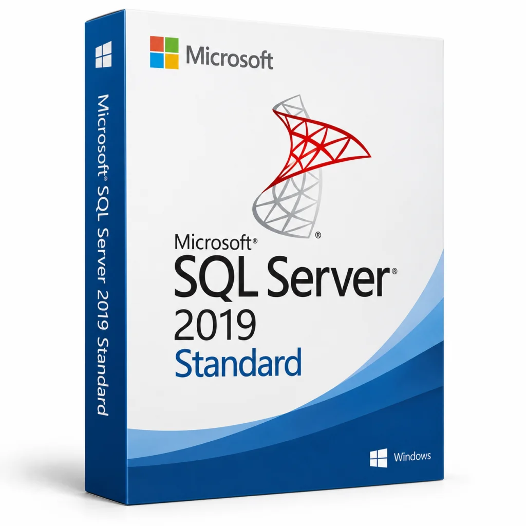 Microsoft SQL Server 2019 Standard software box on white · Windows