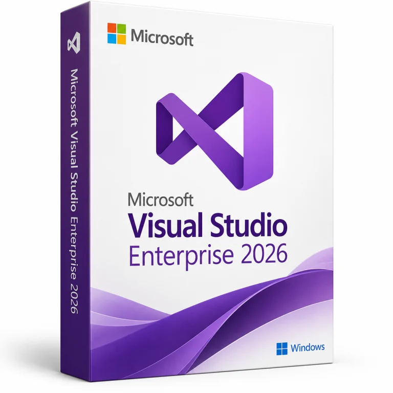 Microsoft Visual Studio Enterprise 2026 software box on white · Windows