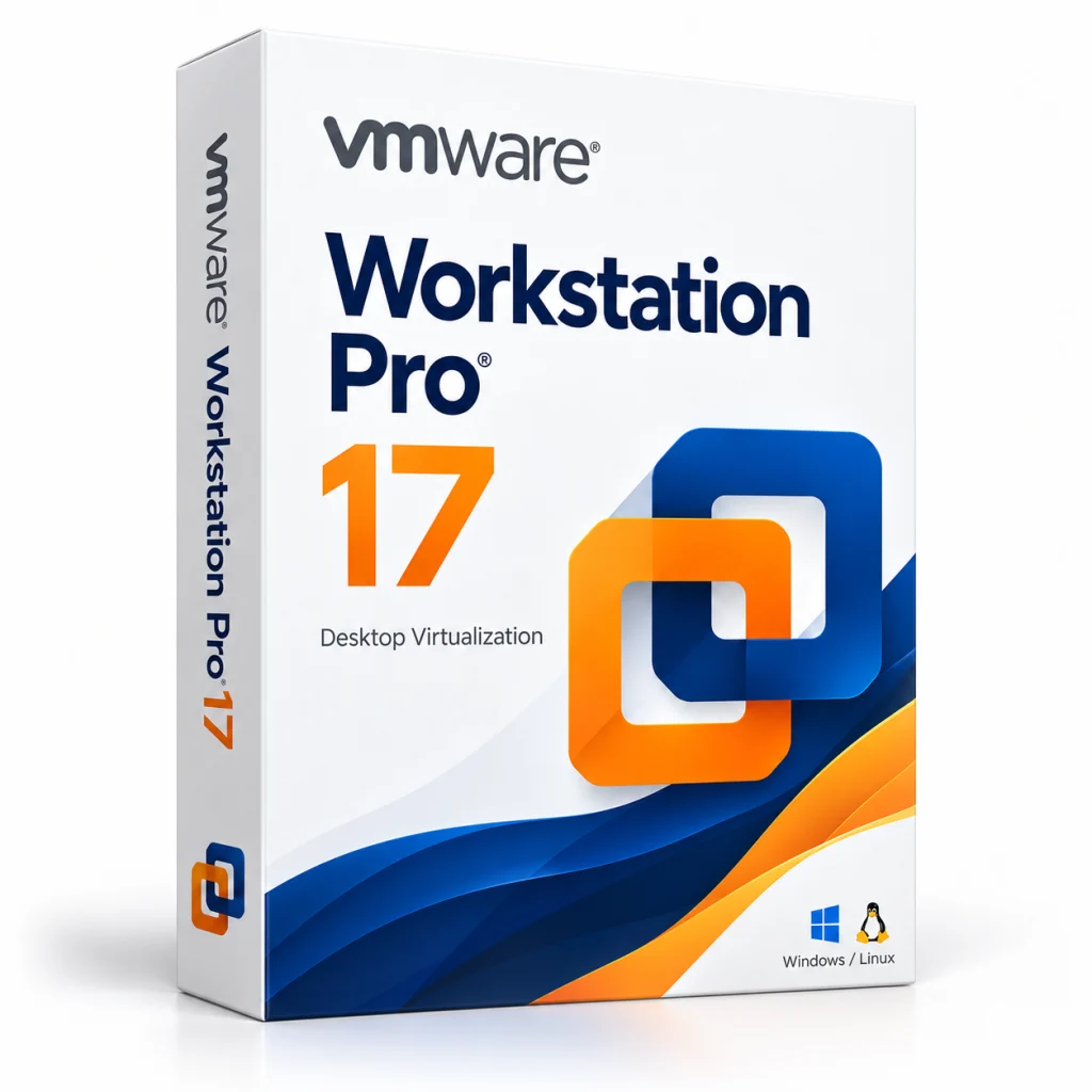 VMware Workstation Pro 17 software box on white · Windows / Linux