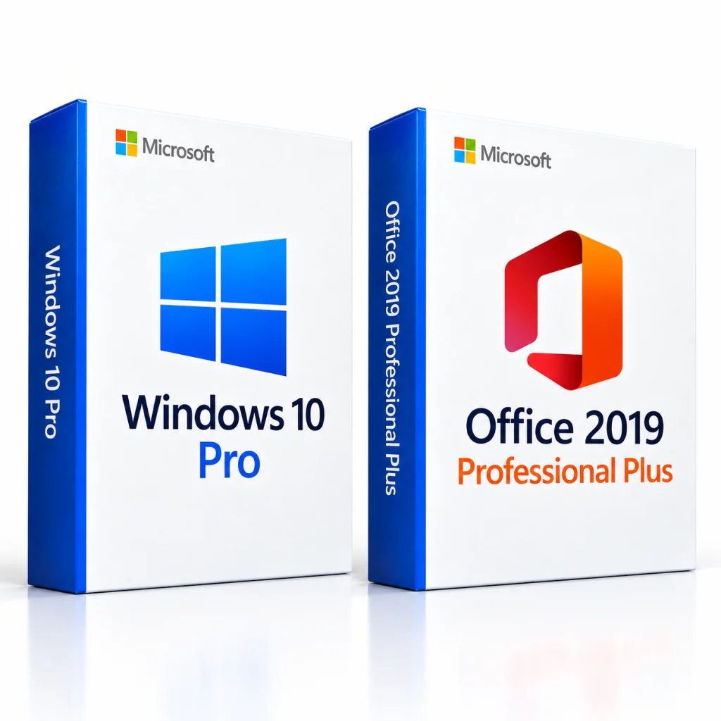 Windows 10 Pro + Office 2019 Professional Plus software box on a white background