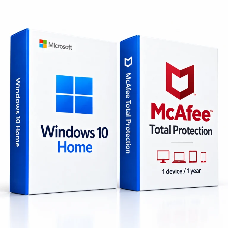 Windows 10 Home + McAfee Total Protection software box on a white background