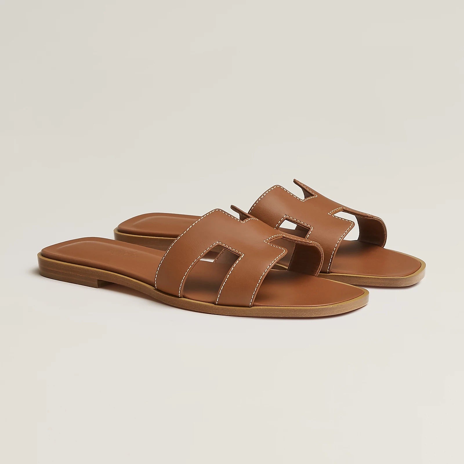Oran Sandals – Tan Leather Cut-Out Flat Summer Slides — product image