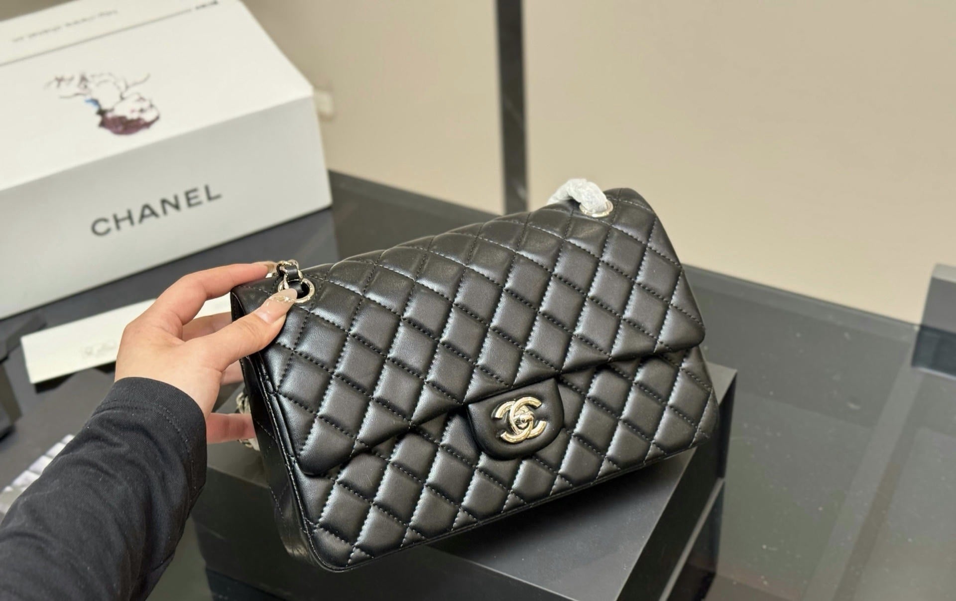 Classic Flap Medium Bag – Black Quilted Caviar Leather Chain Shoulder Bag — product image