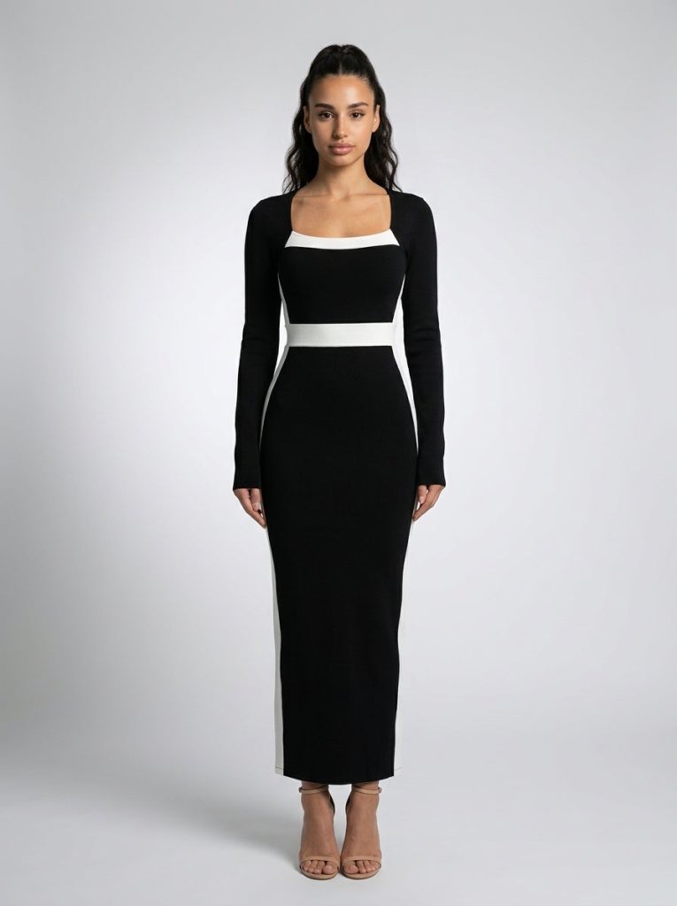 Zadie Square Neck Long Sleeve Color Block Maxi Dress in Black