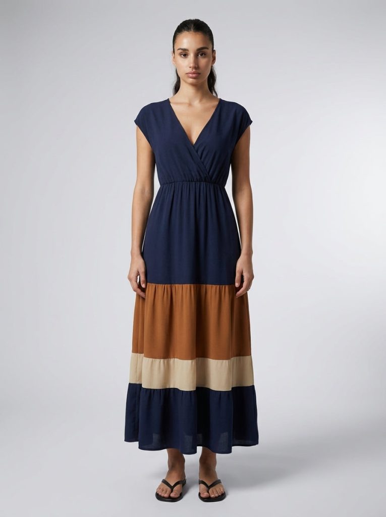 Faye V Neck Cap Sleeve Color Block Tiered Maxi Dress in Navy
