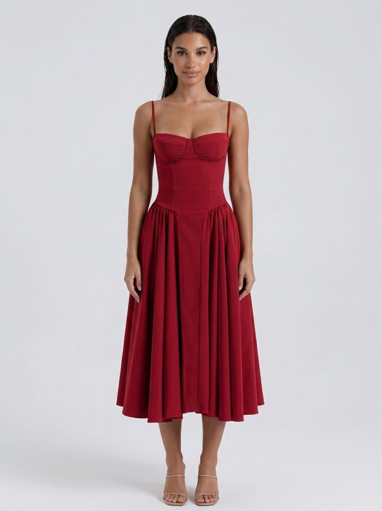 Evangeline Corset Sweetheart A Line Midi Dress in Burgundy