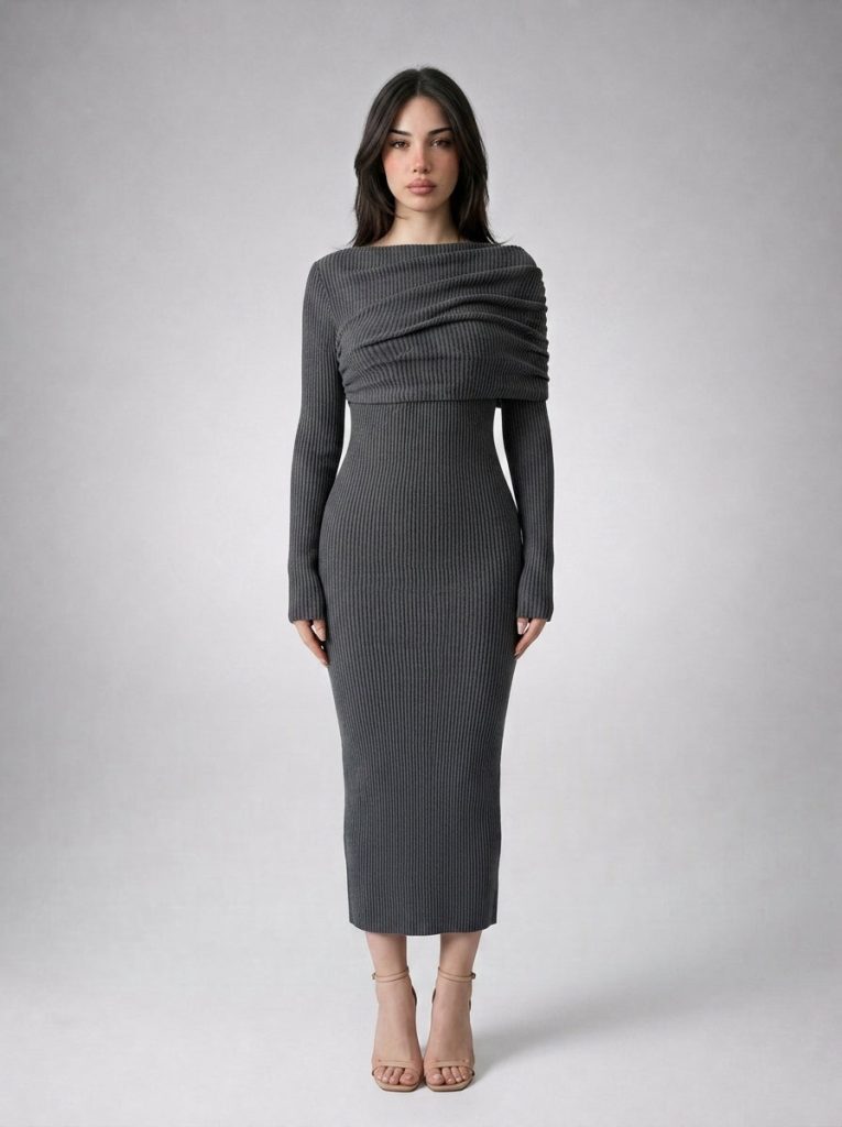 Rosanna Ribbed Draped Boat Neck Long Sleeve Maxi Dress in Grey