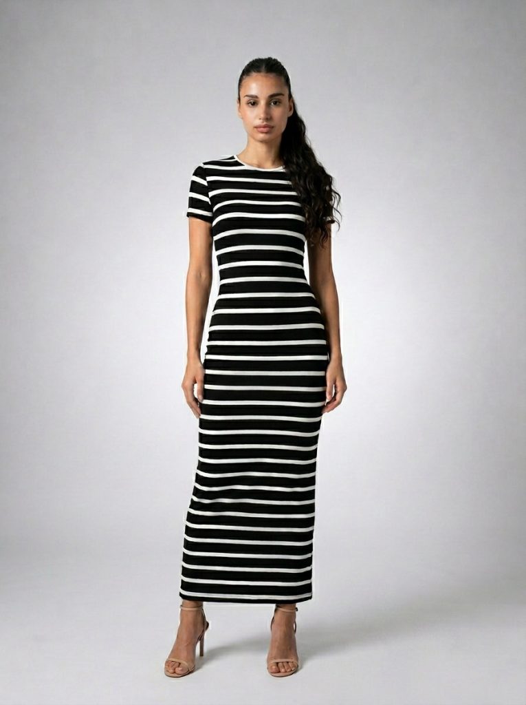 Violette Striped Crew Neck Short Sleeve Bodycon Maxi Dress in Black