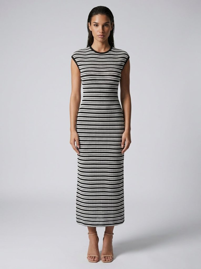 Odile Striped Round Neck Cap Sleeve Bodycon Maxi Dress in Black