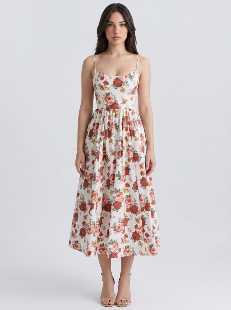 Camille Floral Scoop Neck Spaghetti Strap Midi Dress in Cream