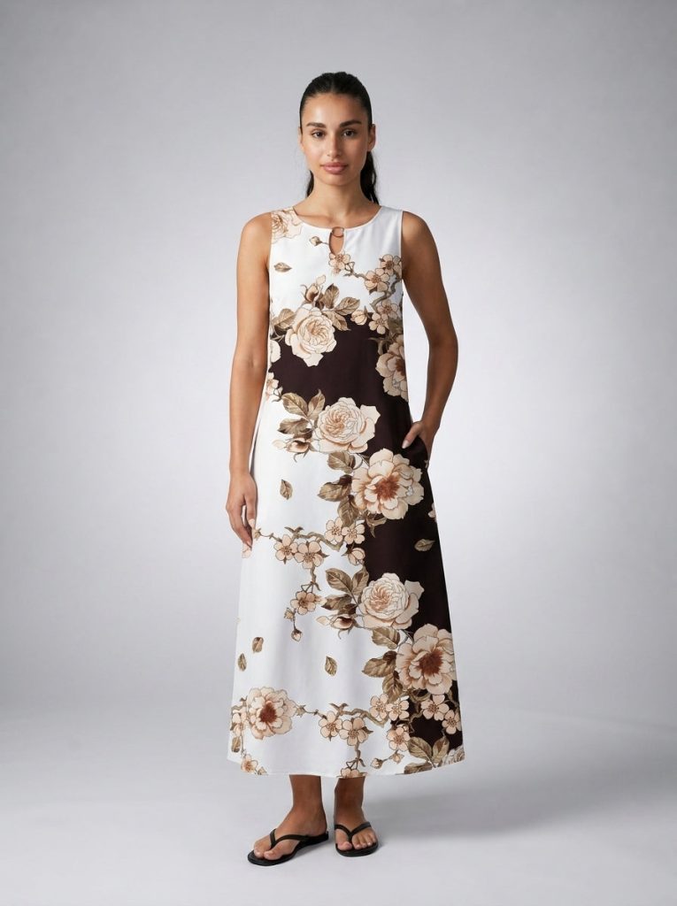 Xanthe Floral Round Neck Sleeveless Maxi Dress in Cream